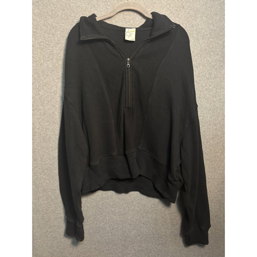 OFFLINE By Aerie Waffle Knit Quarter Zip Pullover Black Oversized Lounge L